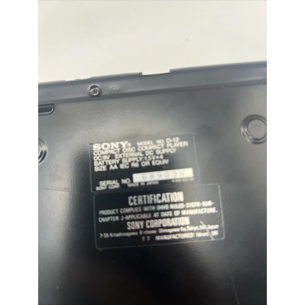 Vintage Sony Discman D-12 Black Mega Bass Portable Compact CD Player - For Parts